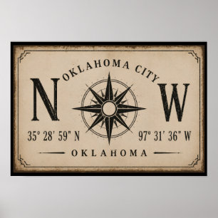 Poster Rosa dos Ventos Coordenadas Antigas de Oklahoma Ci