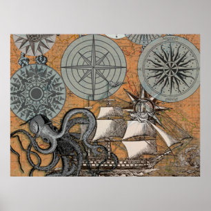 Poster Rosa dos Ventos Vintage Náutica Polvo Navio