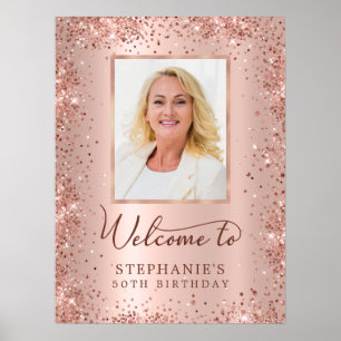 Poster Rosa Dourada Glitter Chic 50th Birthday Photo Welc