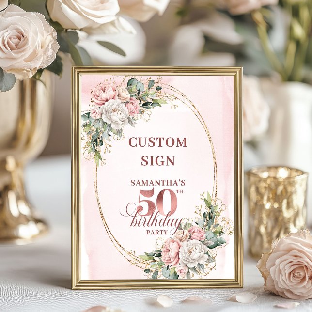 Poster Rosa Dourada Personalizada Glam para Mesa de Anive (Personalized Glam Rose Gold 50th Birthday Tabletop Sign)