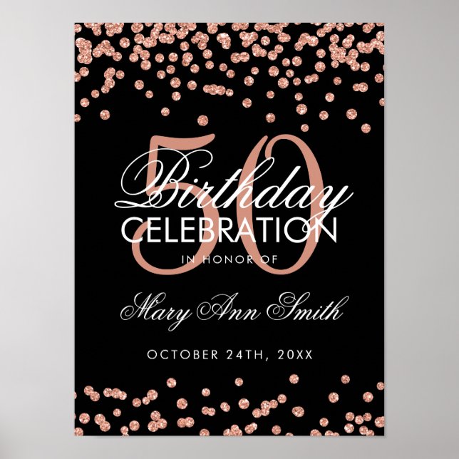 Poster Rosa Dourado 50º Aniversário Glitter Confetti Pret (Frente)