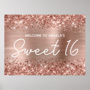 Poster Rosa Dourado Glitter e Foil Sweet 16 Bem-vindo