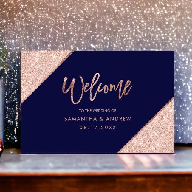 Poster Rosa dourado glitter marinho azul boas-vindas (Rose gold glitter navy blue wedding welcome poster)