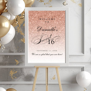 Poster Rosa Dourado Glitter Sweet 16 Personalizado Bem-Vi