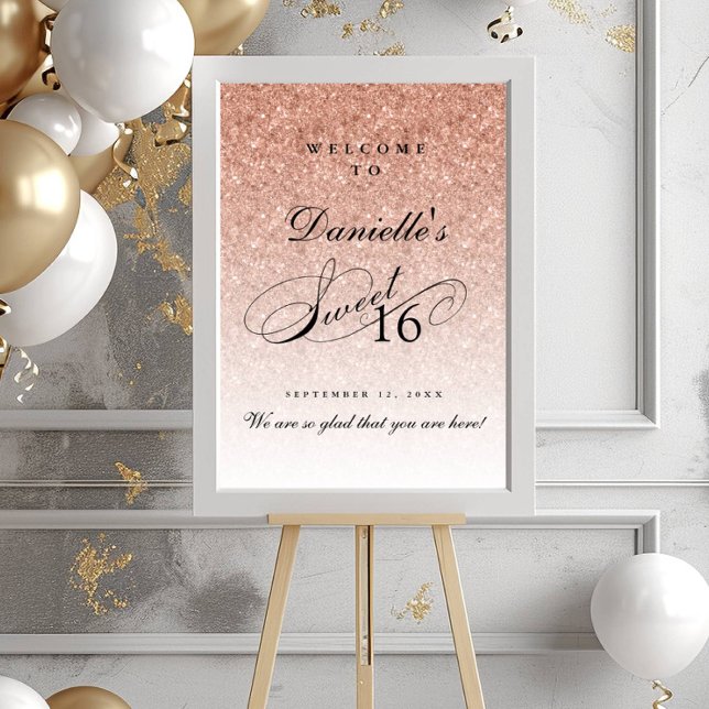 Poster Rosa Dourado Glitter Sweet 16 Personalizado Bem-Vi (Criador carregado)