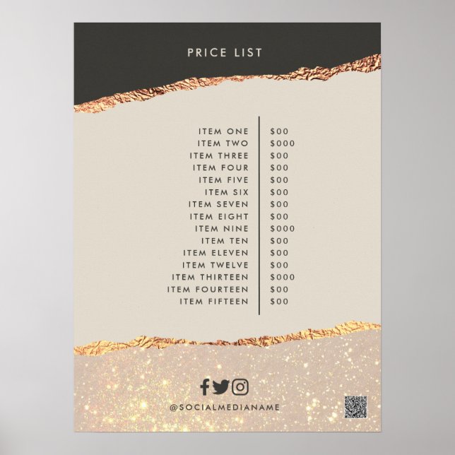 Poster Rosa dourado preto código QR de preço elegante mod (Frente)