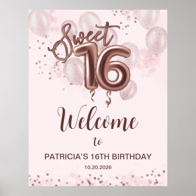 Poster Rosa Dourado Sweet 16 Bday Balloons Rosa Sinal de  (Frente)