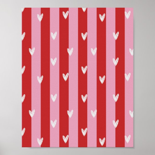 Poster Rosa e vermelho, listras de coração  (Frente)
