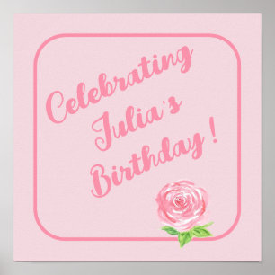 Poster Rosa em Aquarela Pintada à Mão FELIZ ANIVERSÁRIO 