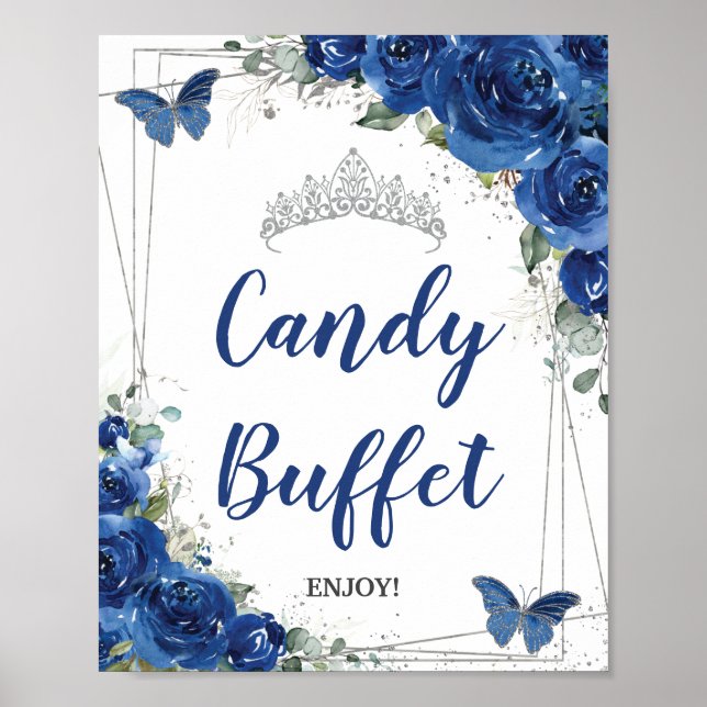 Poster Rosa Floral Azul Real Quinceañera Buffet de Doces (Frente)