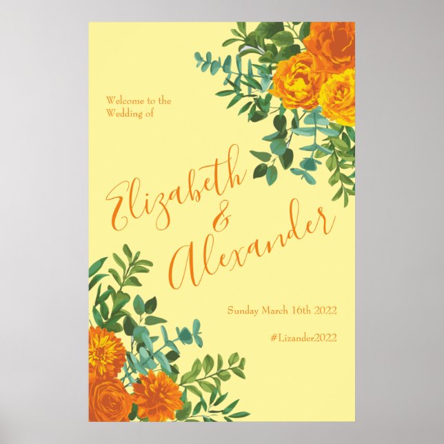 Poster Rosa Floral de Casamento Amarelo Laranja (Frente)