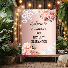 Poster Rosa gold florals sinal de boas-vindas de aniversá