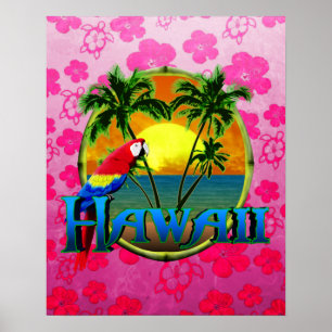 Póster Rosa Honu do por do sol de Havaí