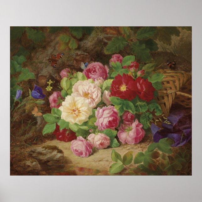 Poster Rosa no chão da floresta com borboletas (Frente)