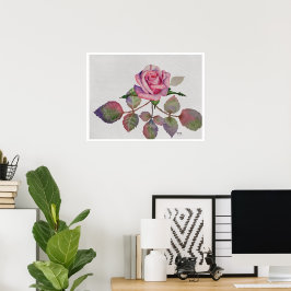 Poster Rosa Rosa com Aquarela de Folhas Abstratas