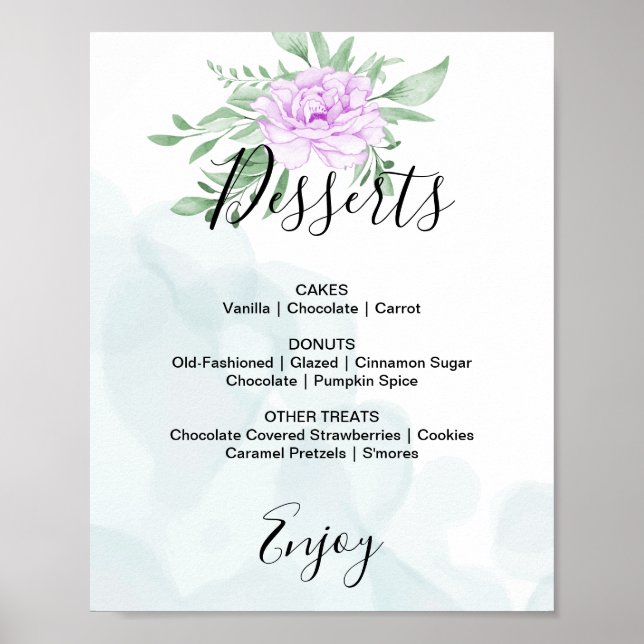Poster Rosa Roxa Eucalipto Casamento Cardápio de Sobremes (Frente)