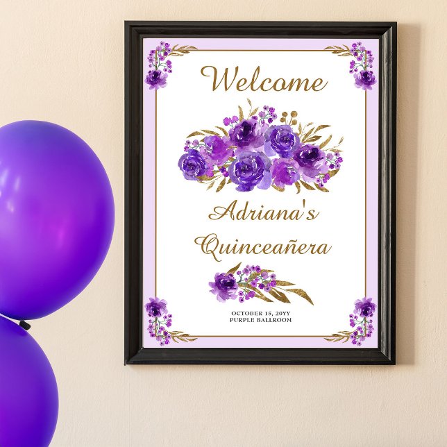 Poster Rosa Roxo Dourado Leaf Quinceanera Bem-Vindo (Purple floral welcome poster  (print or printable) from my Rose and Gold Leaf quinceanera collection)