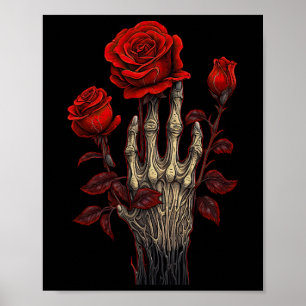 Poster Rosa Skeleton Skull Hand Red Flower Rosa 1