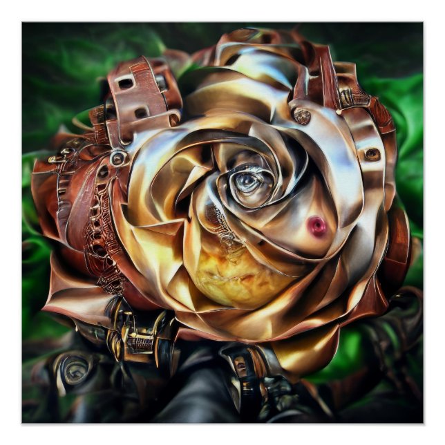 Póster Rosa Steampunk com Face Surreal - Flor Mecânico (Frente)