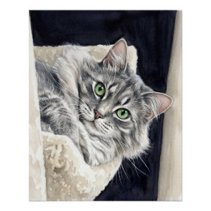 Póster Rosa um Gato com Olhos Verdes Marcantes