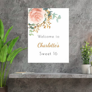 Poster Rosa verde-ouro floral, doce 16 boas-vindas