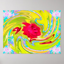 Poster Rosa vermelha abstrato em espiral amarela e aqua