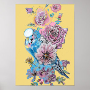 Poster Rosa vermelha Azul orçamentária Yellow Watercolo