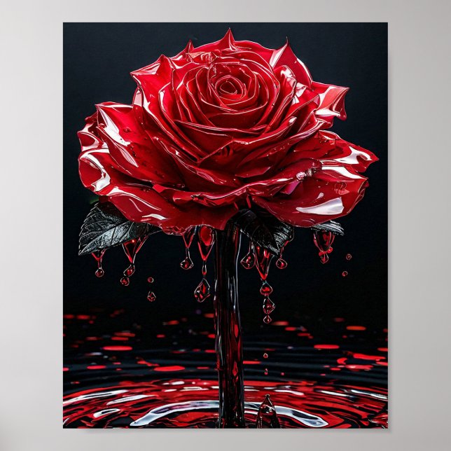 Poster Rosa Vermelha Brilhante com Gotículas de Orvalho R (Frente)