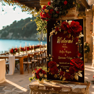 Póster Rosa vermelha Burgundy Elegante e Casamento Dourad