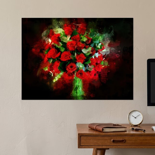 Poster Rosa vermelha de flor de Buquê - bb (Red Roses Bouquet Watercolor on Black Background. Poster)