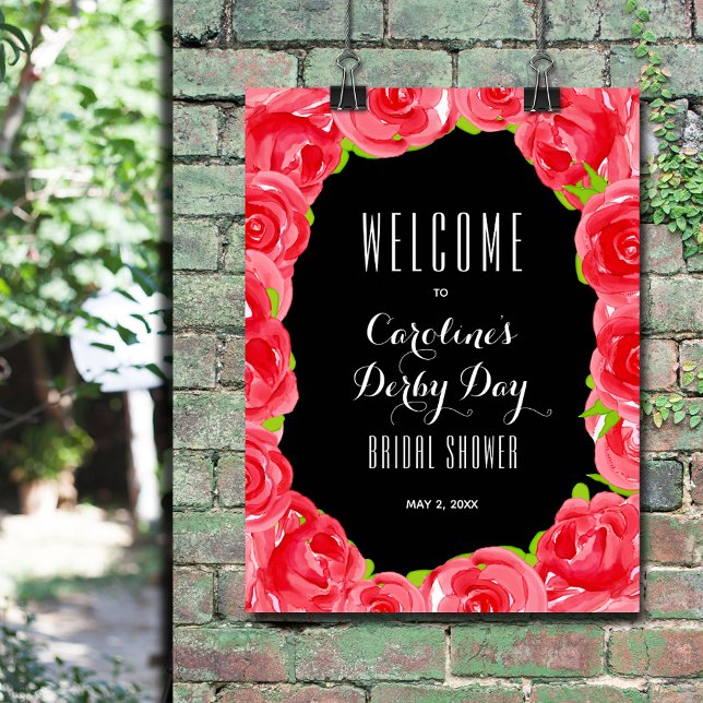 Poster Rosa vermelha Derby Style Chá de panela Bem-vindo (Red roses Derby-style bridal shower welcome poster - INSTANT DOWNLOAD and/or PRINTED)