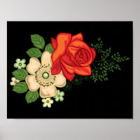 Rosa Vermelha e Margaridas Fundo Preto