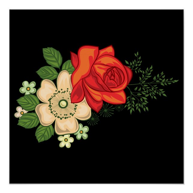 Póster Rosa Vermelha e Margaridas Fundo Preto (Frente)