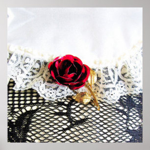 Póster Rosa vermelha romântica e rendas brancas