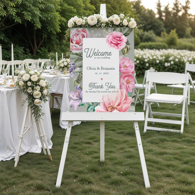 Poster Rosa Vintage Romântica Bem-Vindo Botânico Casament (Vintage Rose Botanical Wedding Welcome Sign | Romantic Blush Floral Garden Wedding Poster)