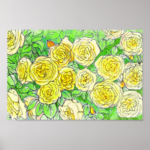 Poster Rosas Amarelas, Folhas Verdes Rosa Jardim Arte Flo