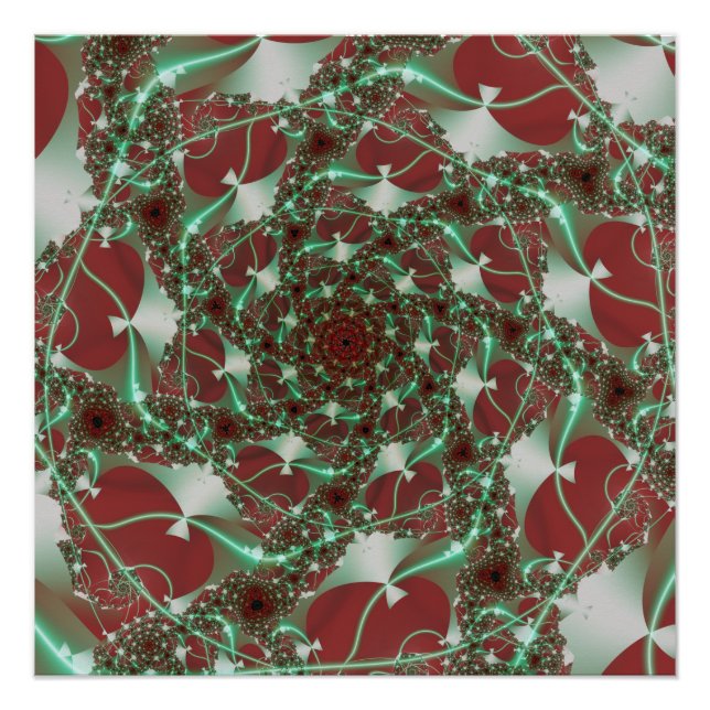 Póster Rosas | Arte Fractal Vermelha e Verde (Frente)