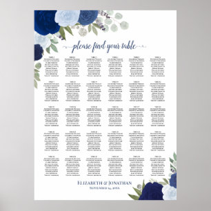Poster Rosas Azuis Elegantes Gráfico de Assentos de Casam