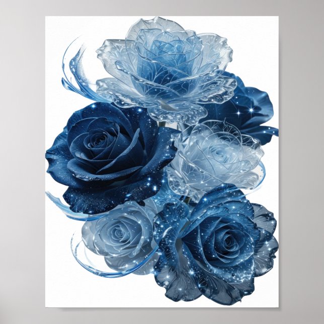 Poster Rosas Azuis Prata Dinâmicas (Frente)