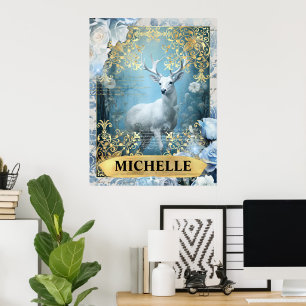 Poster Rosas Azuis Românticas e Fantasia de Veado