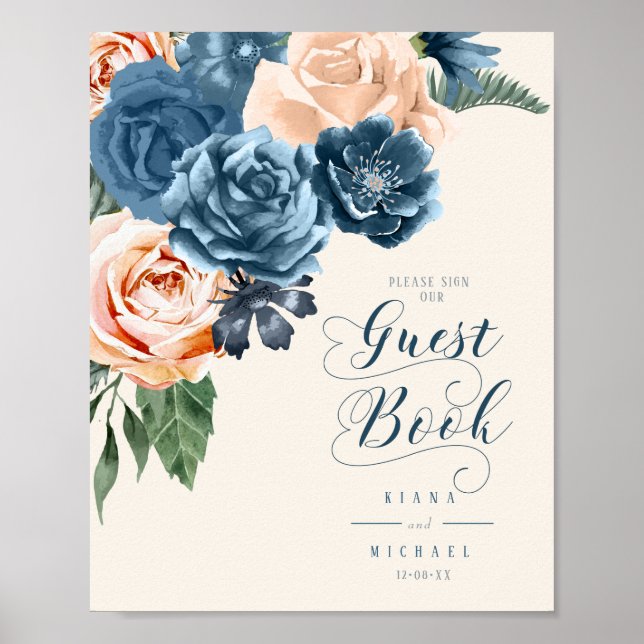 Poster Rosas Azul/Pêssego Livro de Registros para Convida (Frente)