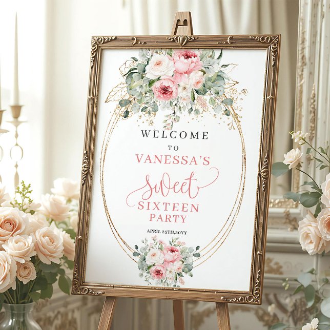 Poster Rosas Beije Sofisticadas Bem-vindo ao Sweet Sixtee (Sophisticated Blush Roses Sweet Sixteen Welcome)