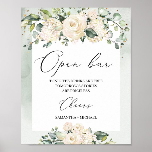 Poster Rosas brancas de aquarela folhagem verde boho (Frente)