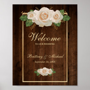 Poster Rosas brancas de madeira russa e uma Dourada armaç