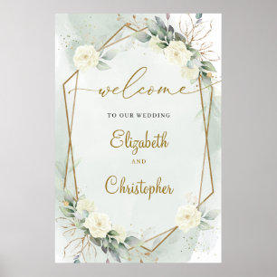 Poster Rosas brancas Eucalyptus Dourado Geométrico