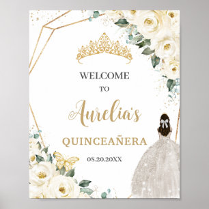 Poster Rosas Brancas Floral Quinceañera Bem-vindo aos 15 