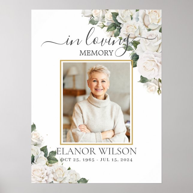 Poster Rosas Brancas Imagem Floral de Funeral Memorial Fo (Frente)