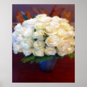 Poster Rosas brancas num vaso azul