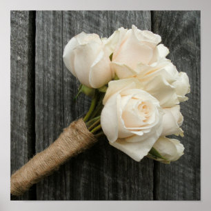 Póster Rosas brancos & Barnwood