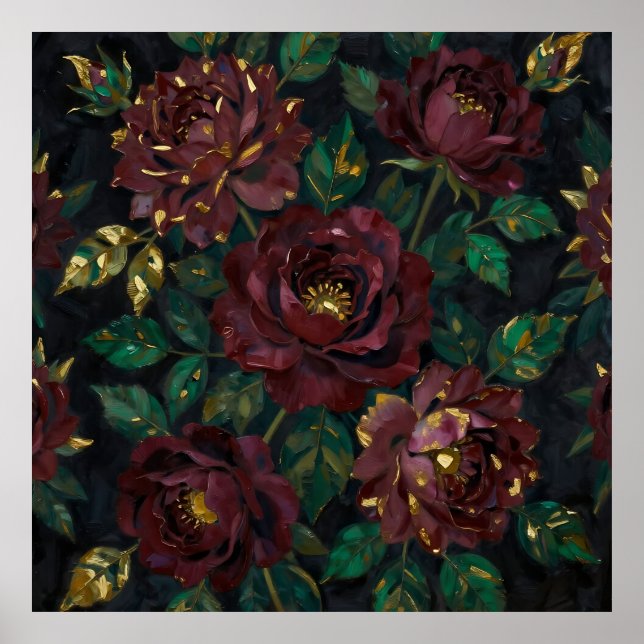 Poster Rosas Burgundy de Luxo Folhas Florais a Ouro (Frente)